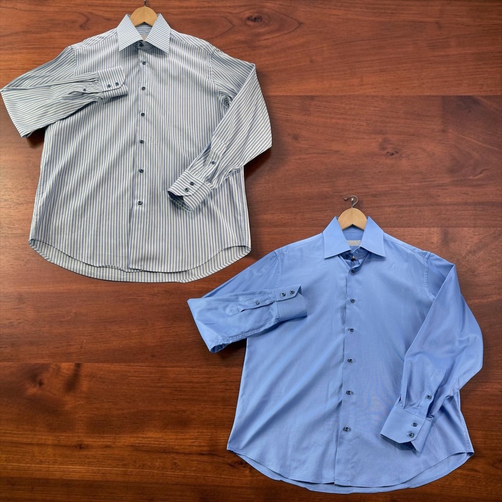Vintage Lot 2 Ateseta Firenze Mens Dress Shirts 16.5 42 Blue Striped Solid Italy - Picture 1 of 16